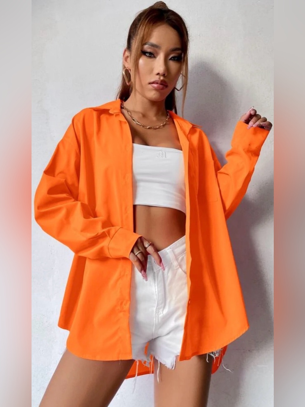 SHEIN Neon Orange Button-Up Top